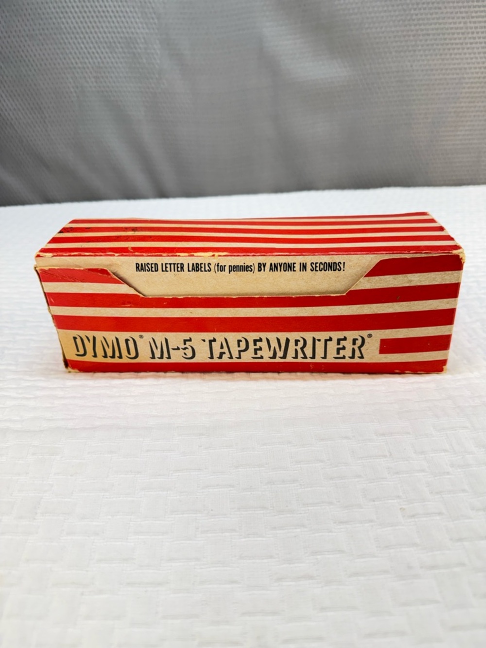 Dymo M-5 Tapewriter with Red-Striped Box and Blue Insert